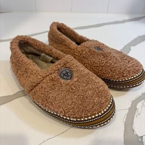 Ariat Women Sherpa Fleece Slippers Brown Southwestern Trim AR2271-219 M 7.5-8